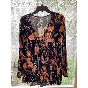 NWT Free People Low Cut Black Boho Tulip Floral Tunic Top Long Bell Sleeves